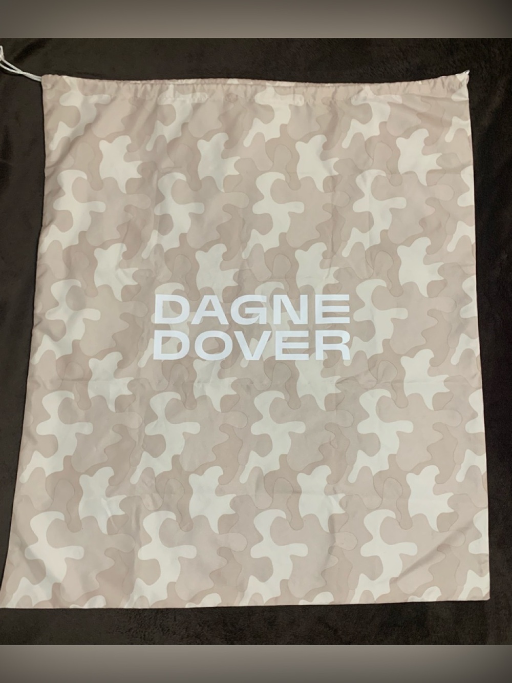 DAGNE DOVER oversized, drawstring, tan camouflage dust cover bag LNWOT